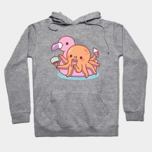 Cute Octopus Chilling on Pink Flamingo Float Hoodie